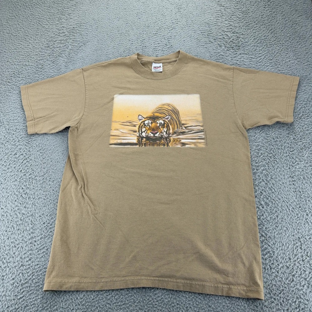 Anvil Tiger T Shirt Mens L Tan Wildlife Big Cat Graphic 100% Cotton Y2K